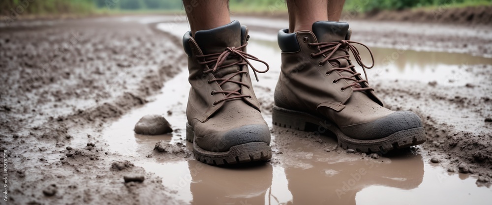 Person feet in trekking shoes walking swamp mud. Person feet in trekking shoes walking swamp mud.