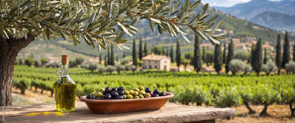 Olive oil and delicious olives on background of picturesque olive grove and mountain village.