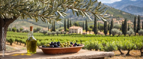 Obraz na płótnie Olive oil and delicious olives on background of picturesque olive grove and mountain village. w salonie