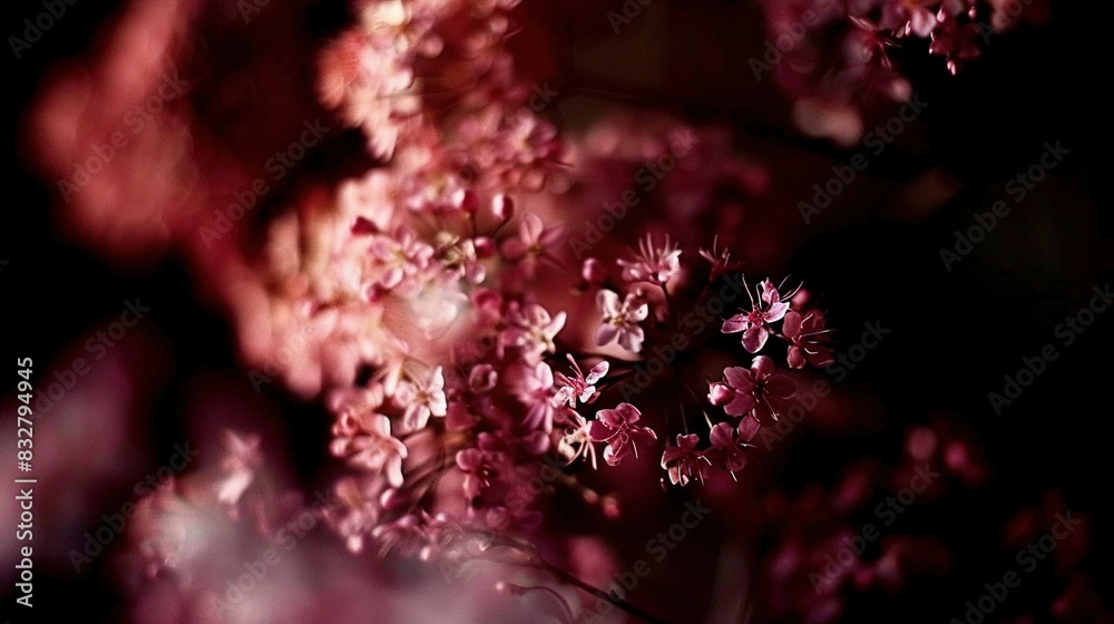 A pink flower cluster on a tree against a dark room backdrop, out-of-focus A pink flower cluster on a tree against a dark room backdrop, out-of-focus