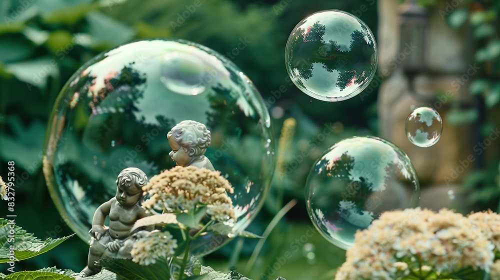 A garden brimming with many bubbles adjacent to a statue of a boy perched atop a hydrant A garden brimming with many bubbles adjacent to a statue of a boy perched atop a hydrant