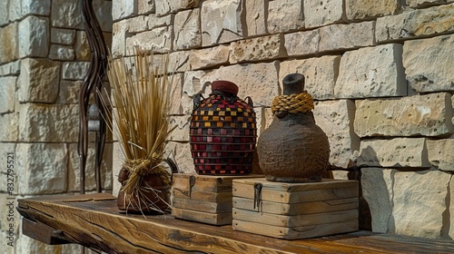   A few vases rest atop a wooden shelf beside a brick wall and wooden box