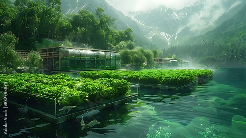 digital painting of a sustainable fish farm integrated with hydroponic vegetable production showing aquaponics in action photo