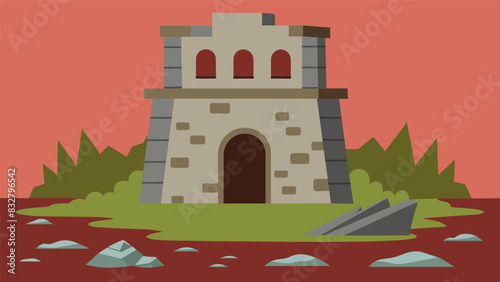 The worn stone foundation of the mill bears marks of battle scars from raging floods that have threatened its existence yet it still stands strong.. Vector illustration