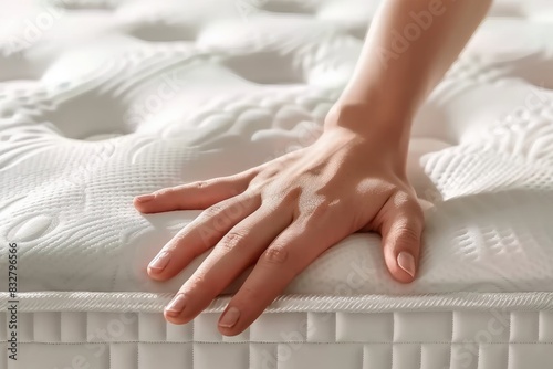 Detalle de mano tocando un colchón viscoelástico, comodidad absoluta photo