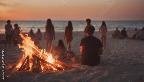  bonfire at the beach, people are having fun at the background, sunset view
