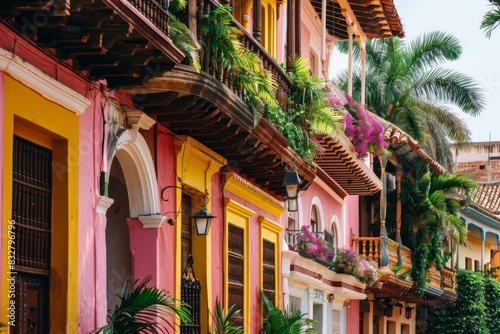 Tourist destination colorful city candy buildings South America architecture old houses palms art home exterior facade town streets historic exploration warm tropical county tourism aesthetic © Yuliia