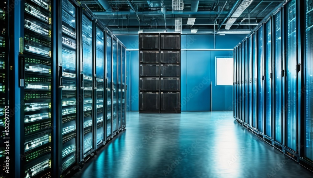 Interior of a modern data center with rows of high-capacity servers illuminated by blue lights, emphasizing technology and data storage.. AI Generation Interior of a modern data center with rows of high-capacity servers illuminated by blue lights, emphasizing technology and data storage.. AI Generation