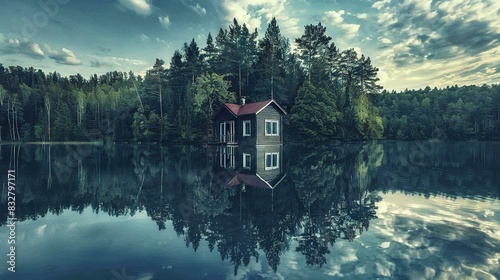  A house on a lake, encircled by trees, reflects on a cloudy day