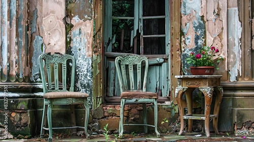 Fototapeta Naklejka Na Ścianę i Meble -    A few chairs sit beside a table with a potted plant perched atop it, close to a window