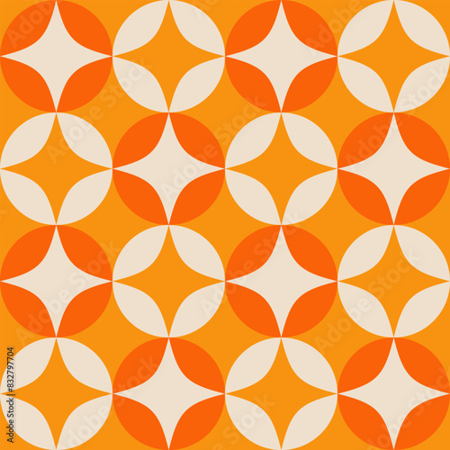 Seamless pattern with retro stars and circles. Mid century modern stars and circles. Mod seamless pattern.