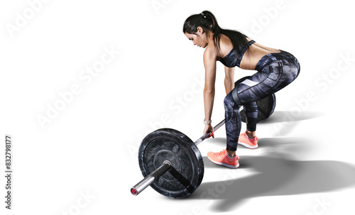 Sport. Muscular women lifting deadlift in the gym with barbell. Sports transparent background.	