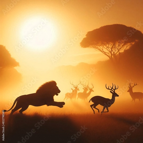 A lion chasing a desert during sunset in a jungle of africa. Wildlife and nature. Hunting of deer. Lion hunting dear.