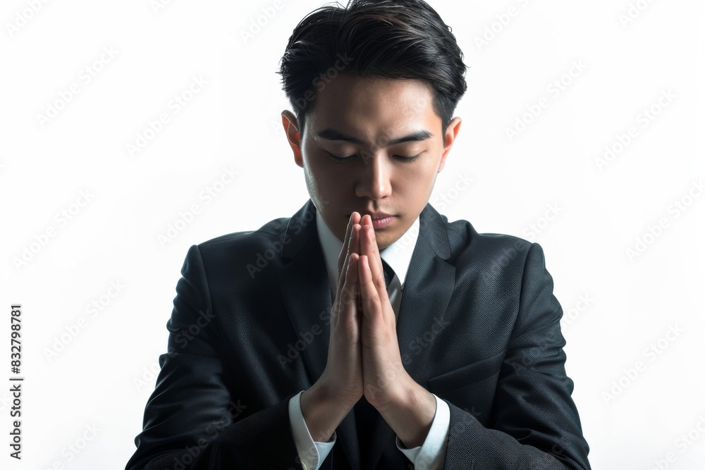 A businessman in a suit praying with hands together A businessman in a suit praying with hands together