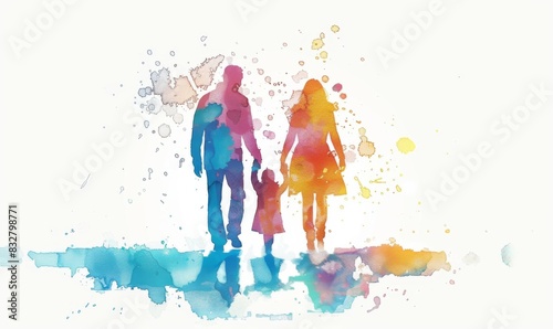 A colorful watercolor silhouette of a family holding hands