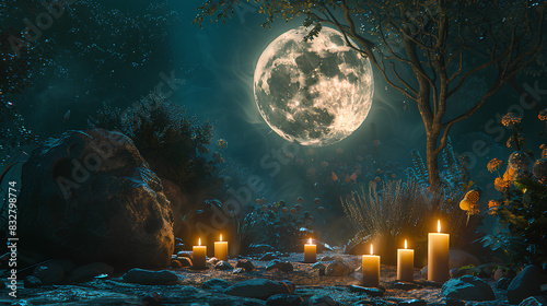 Immerse yourself in a mystical setting deep within the forest where flickering candles and a symbolic moon amulet cast their glow against the dark abstract backdrop of nature Here the ancie