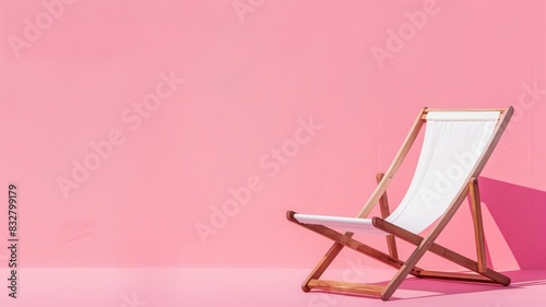 Wooden deck chair with white fabric against pink background