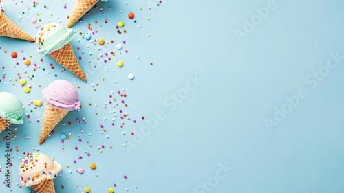 Colorful ice cream cones and sprinkles on blue background © Татьяна Макарова