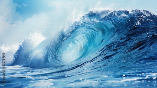 Powerful ocean wave crashing under blue sky
