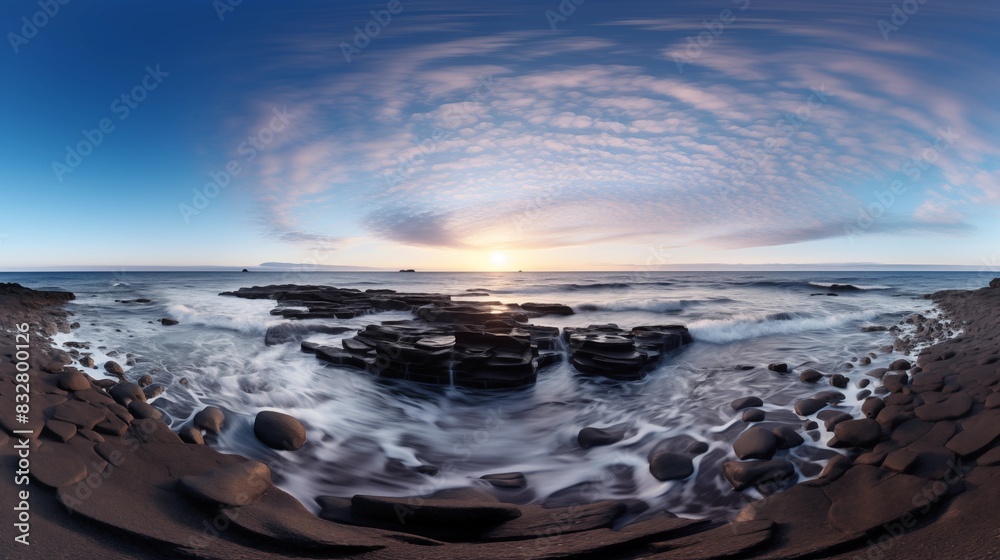 Panoramic Sunset View of Rocky Shoreline with Ocean Waves and Cloudy Sky Panoramic Sunset View of Rocky Shoreline with Ocean Waves and Cloudy Sky
