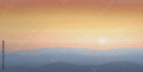 Abstract background  watercolor paper texture  sunrise at sea  sun over the horizon