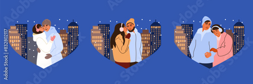 Romantic couples in winter clothes. Happy lovers hugging and kissing. Affectionate relationship. 