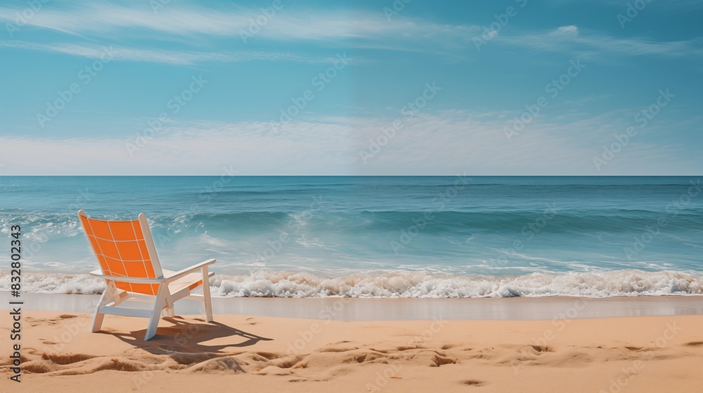 Orange Beach Chair on a Tranquil Sandy Shore with Gentle Ocean Waves Under a Blue Sky