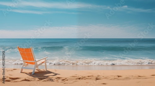 Orange Beach Chair on a Tranquil Sandy Shore with Gentle Ocean Waves Under a Blue Sky