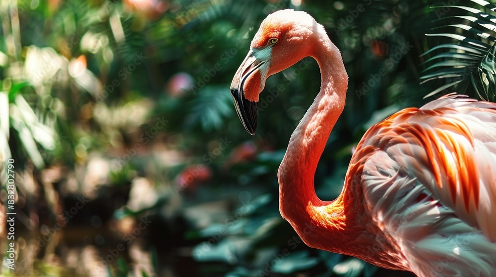 Obraz premium A pink flamingo poses in front of tall palm trees and lush vegetation, showcasing its vibrant plumage against the backdrop of greenery