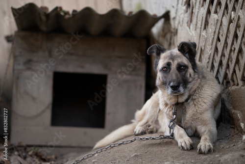 A lonely and sad guard dog on a chain near a dog house outdoors.