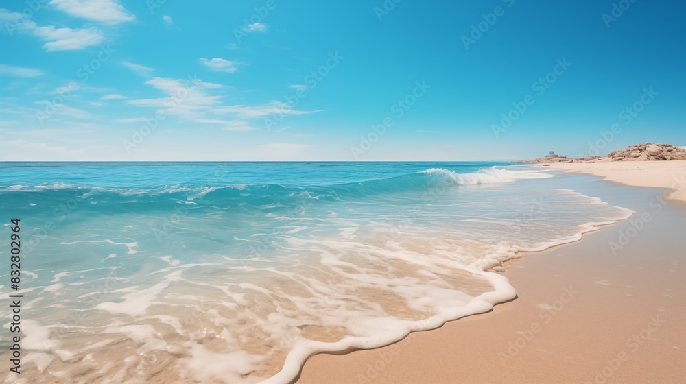 Sunlit Beach with Gentle Waves Under a Clear Blue Sky Sunlit Beach with Gentle Waves Under a Clear Blue Sky