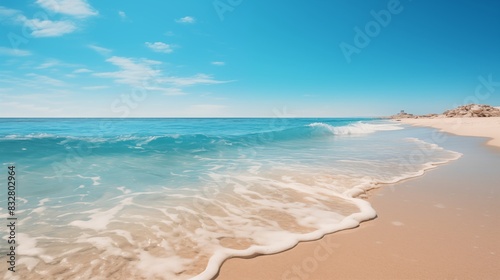 Sunlit Beach with Gentle Waves Under a Clear Blue Sky © Miva