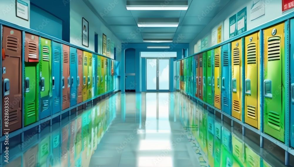 Spacious school hallway lined with vibrant, colorful lockers, reflecting on the shiny floor under fluorescent lights.. AI Generation Spacious school hallway lined with vibrant, colorful lockers, reflecting on the shiny floor under fluorescent lights.. AI Generation