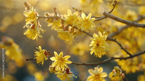 Early spring blooming yellow flower variety known as Hamamelis mellis Wisley Supreme photo