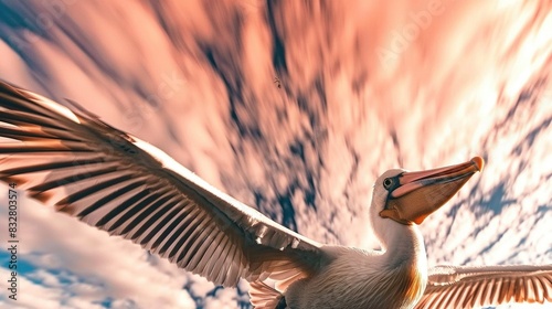   A pelican flaps its wings in front of a vivid sky filled with billowy clouds photo