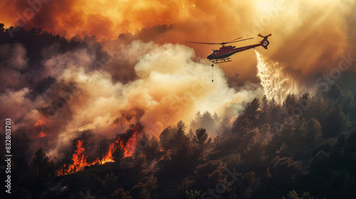 Helicopter releases water over a blazing wildfire, with thick smoke and dramatic orange light engulfing the affected forest at dusk photo
