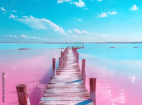 Beautiful pink salt lake with a wooden bridge and blue sky