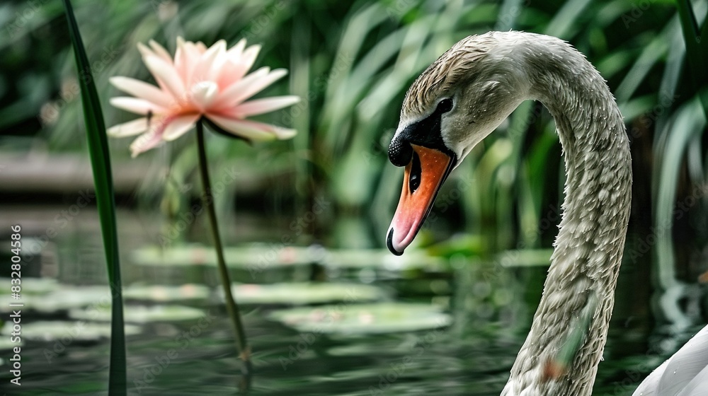 Fototapeta premium A close-up of a swan in water with lily pads and a pink flower