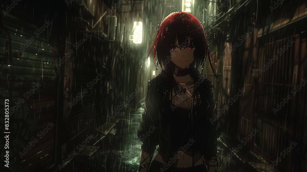 A dark-themed anime character with a gothic outfit, standing in a shadowy alley with rain pouring down, dramatic lighting