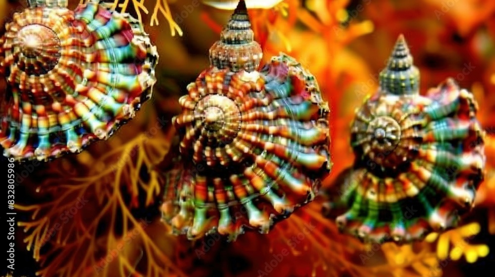   Three seashells dangling on Christmas tree, full moon in sky, center image