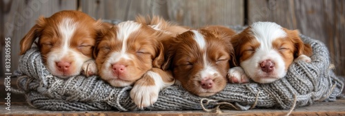 Newborn puppy peacefully sleeping with siblings in cozy basket, cute puppy resting with littermates photo