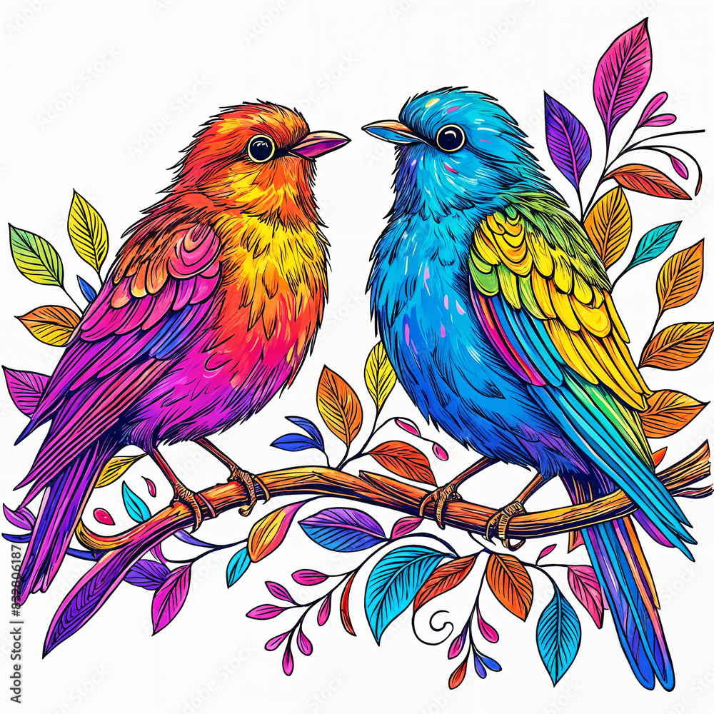 Obraz premium Two colorful birds, one red and the other blue, perched on a branch with leaves of various colors.