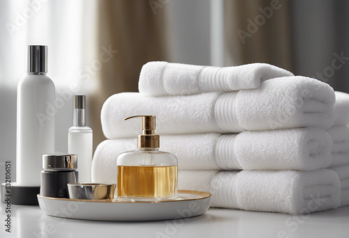 luxury hotel towels and shampoos, isolated white background  © abu