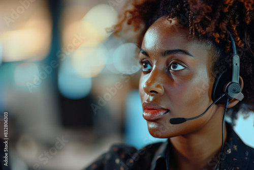 Focused customer support agent with a headset providing excellent service at a modern call center, displaying efficiency and dedication