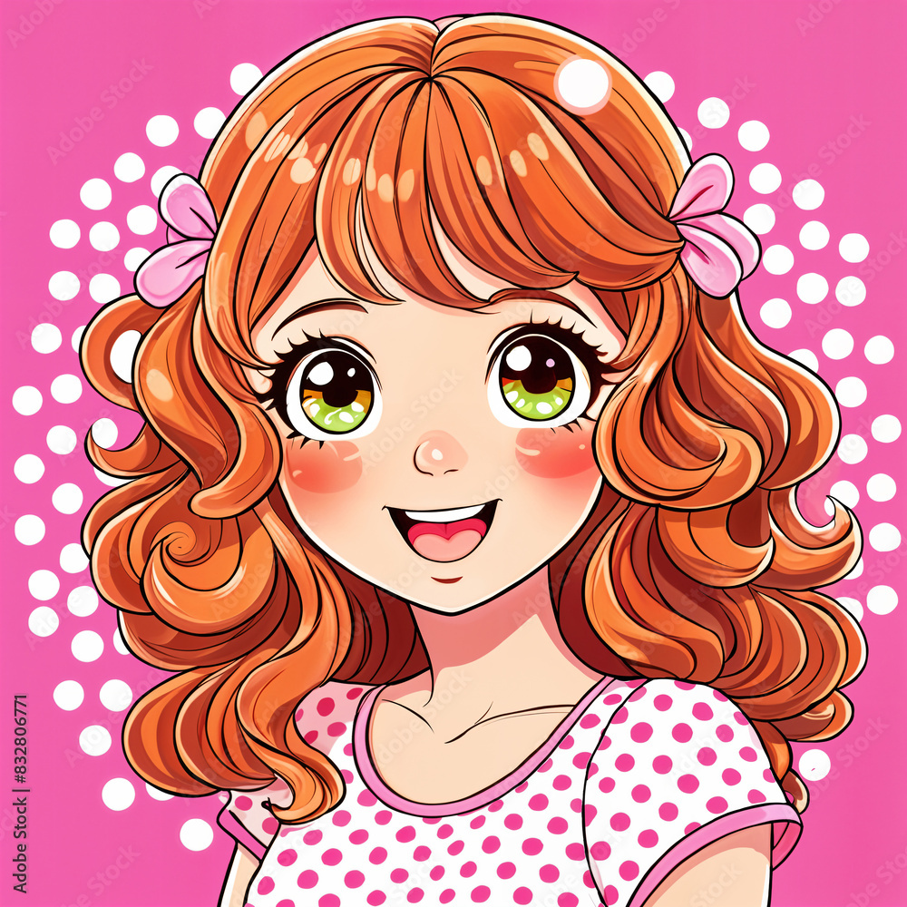 A young girl with red hair, wearing a pink shirt and a flower headband. She has big, expressive eyes and a cheerful smile. The background is pink with white polka dots. A young girl with red hair, wearing a pink shirt and a flower headband. She has big, expressive eyes and a cheerful smile. The background is pink with white polka dots.