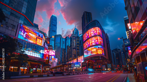 A neon city street with a bus and cars driving down it
