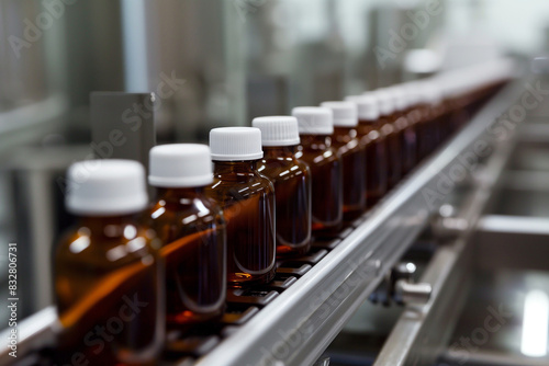  row of dark brown medicine bottles with white caps in sharp focus, lined up on a conveyor belt. The background is blurred to emphasize the cleanliness and pris