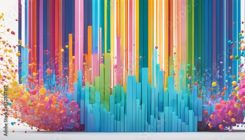 Vivid and dynamic abstract art featuring a multitude of colorful vertical stripes transitioning into a 3D cityscape with rising structures and vibrant splashes.. AI Generation