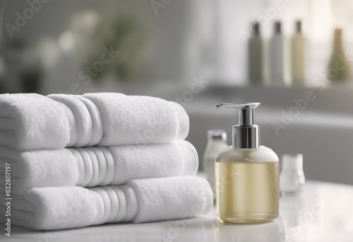 luxury hotel towels and shampoos, isolated white background 