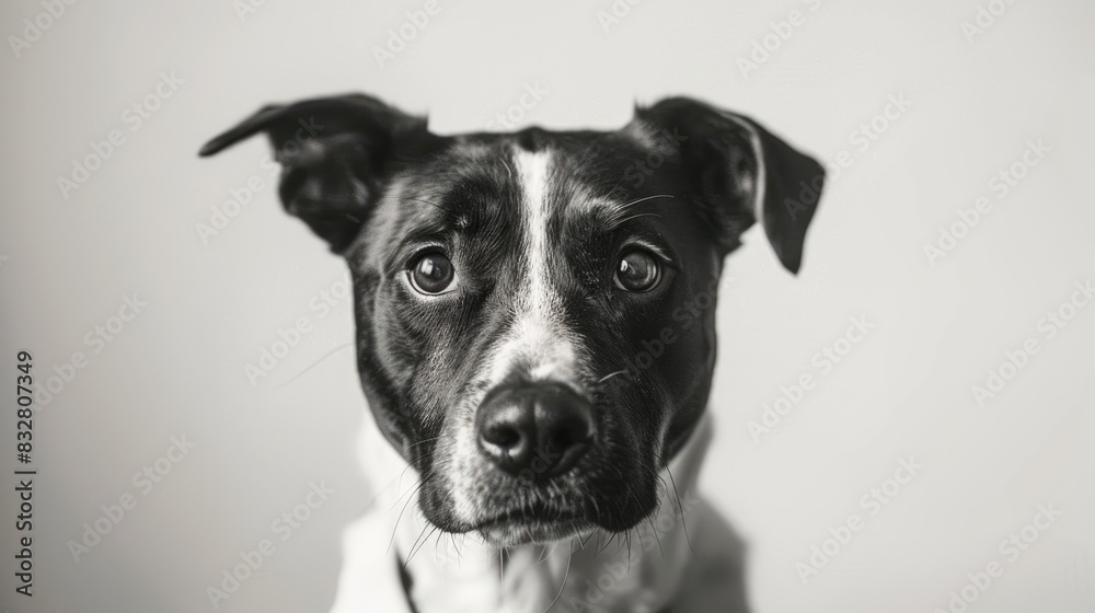Black and white mixed breed dog photographed in a studio against a white backdrop Black and white mixed breed dog photographed in a studio against a white backdrop